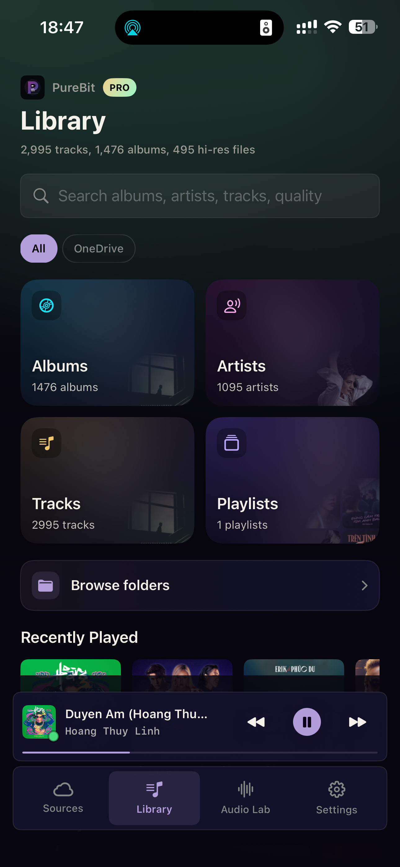 Thư viện PureBit với album, nghệ sĩ, bài hát và thư mục